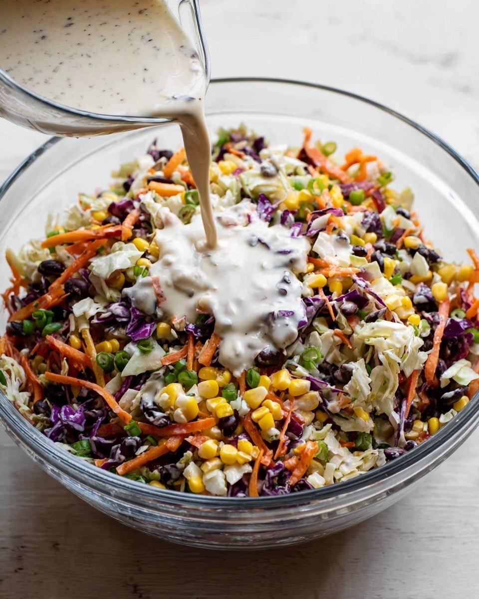 A white bowl filled with a colorful mixed salad of about four visible layers: shredded cabbage and carrots in light orange and white colors form the base layer with a creamy dressing coating, next are black beans scattered throughout adding dark oval shapes, bright yellow corn kernels give spots of vibrant color, and small red and green pepper pieces add specks of brightness among the other ingredients; some crumbled crispy orange chips are spread on top and around the salad for texture contrast. The bowl sits on a white marbled surface with a lime half and a wooden bowl of white sauce nearby. photo taken with an iphone --ar 4:5 --v 7