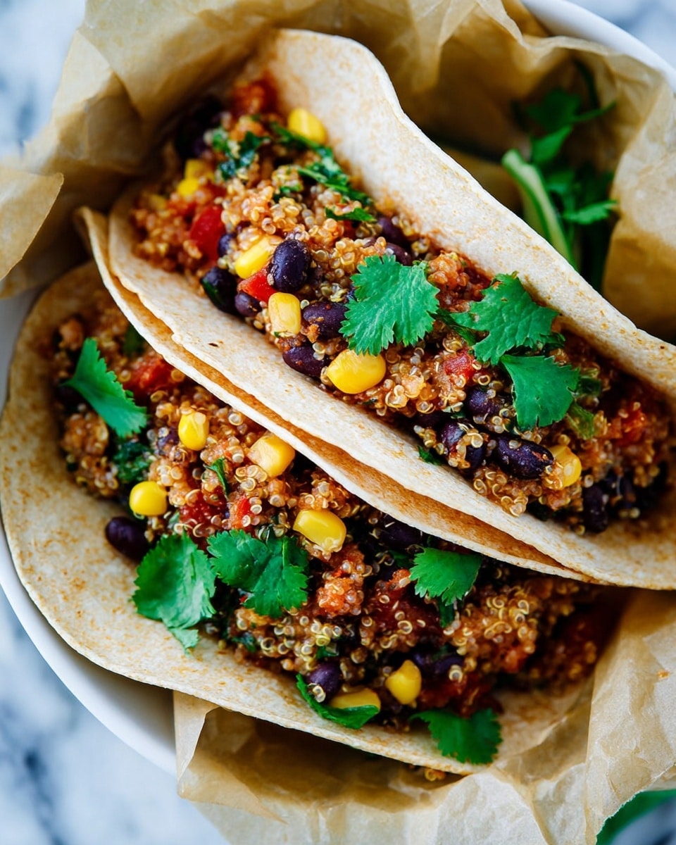 The image shows three soft tortillas placed closely, each filled with a layer of cooked quinoa mixed with black beans and small red bell pepper pieces, creating a textured reddish-brown base. On top of the quinoa mixture, there is a drizzle of light green creamy sauce and slices of fresh avocado arranged in a fan shape. Scattered green onion slices and cilantro leaves add pops of green on top. The tortillas appear slightly toasted around the edges. The background has a white marbled texture and there is a bowl of green sauce partially visible at the bottom right corner. Photo taken with an iphone --ar 4:5 --v 7