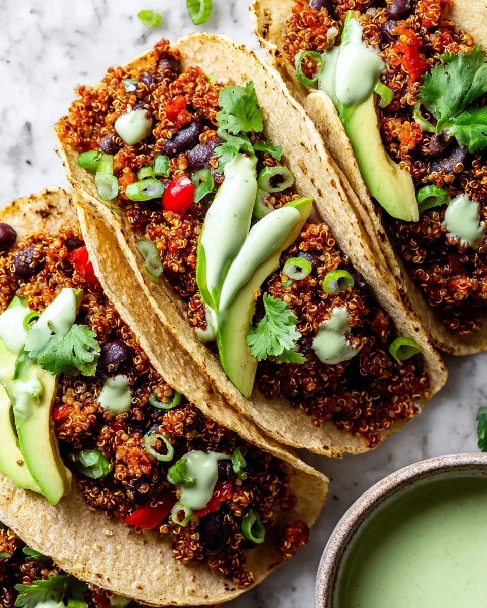 Two soft white corn tortillas on crumpled light brown paper sit in a white bowl against a white marbled surface. Each tortilla is filled with a colorful mix of quinoa, black beans, yellow corn, and red diced tomatoes, creating a textured, chunky layer in the middle. Fresh green cilantro leaves are scattered on top, adding a fresh touch of green on the vibrant filling. The tortillas are slightly folded around the filling, showing the soft, warm texture of the tortillas and the moist, hearty mix inside. Photo taken with an iphone --ar 4:5 --v 7