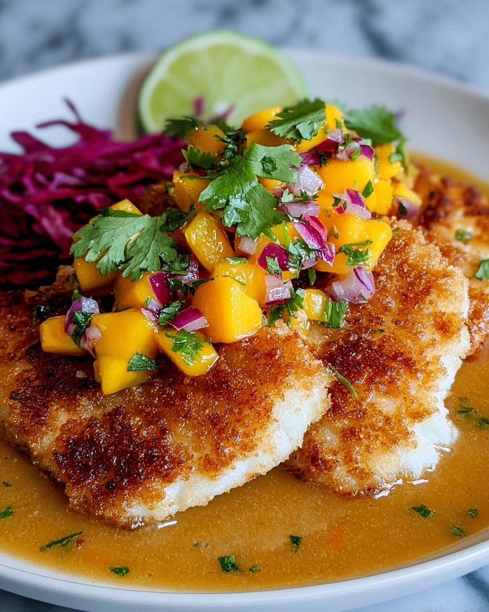 The dish shows two golden brown fried fish fillets layered side by side on a white plate with a light brown sauce pool beneath them. On top, a colorful mango salsa layer with bright yellow mango chunks, small purple onion pieces, and green cilantro leaves adds a fresh and vibrant look. At the back, a lime wedge and some finely shredded purple cabbage rest against the fillets, giving contrast with their colors. The textures vary from the crispy fish crust, juicy mango chunks, and creamy sauce to fresh herbs and crunchy cabbage. The background is a white marbled texture. Photo taken with an iphone --ar 4:5 --v 7