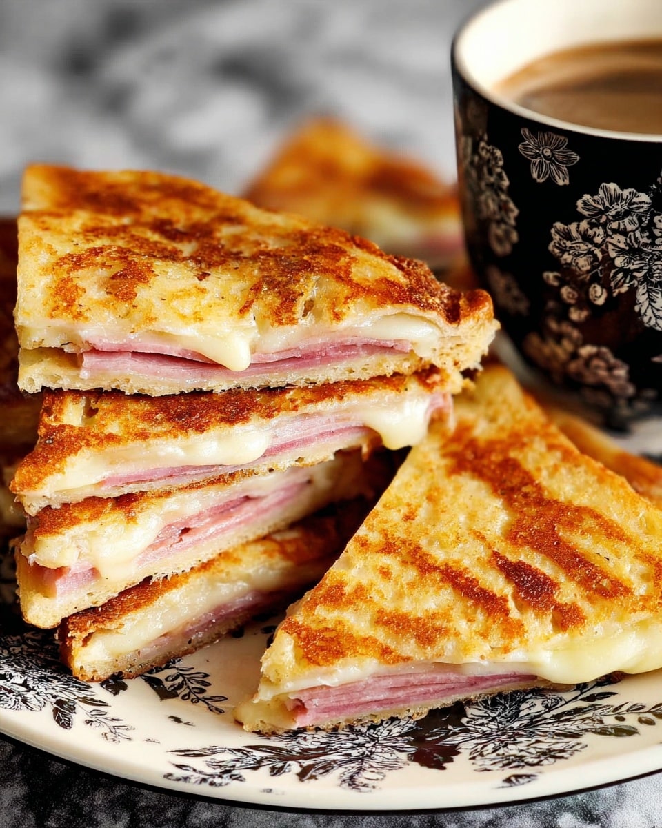The image shows several triangular slices of a grilled sandwich stacked on a white plate with black floral patterns. Each slice reveals three layers: the top and bottom layers are golden-brown grilled bread with a slightly crispy texture, while the inside layers include thin, pink slices of ham in the middle and white melted cheese beneath it. On the right side, part of a black cup with white floral designs is visible, sitting on a white marbled surface. The lighting highlights the crispiness and melty cheese inside the sandwich. photo taken with an iphone --ar 4:5 --v 7