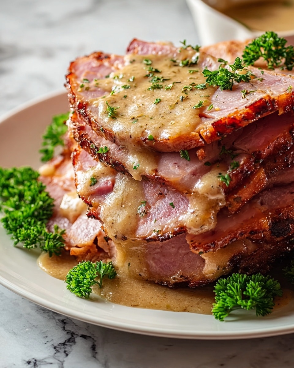 A stack of thick, juicy slices of pink ham with a browned, crispy outer layer is arranged on a white plate. The ham is covered with a smooth, beige gravy sauce that glistens and drips down the sides, with small bits of herbs sprinkled on top for color. Bright green parsley garnishes are placed around the ham on the plate. The plate sits on a white marbled surface, adding a clean and elegant feel to the setting. photo taken with an iphone --ar 4:5 --v 7