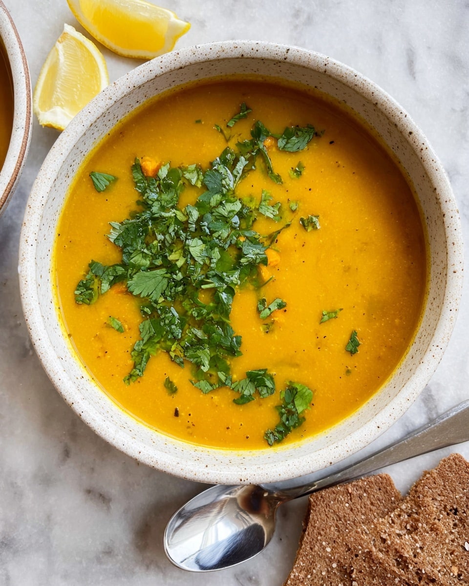 The image shows a bowl of thick, yellow-orange soup with a smooth texture that fills most of the bowl. On top of the soup, there is a scattered layer of fresh green chopped herbs, likely cilantro, adding a fresh color contrast. The bowl is white with a subtle speckled pattern, and it rests on a white marbled surface. Near the bowl, there are a couple of wedges of lemon and some pieces of brown bread. A shiny silver spoon is placed beside the bowl. Photo taken with an iphone --ar 4:5 --v 7