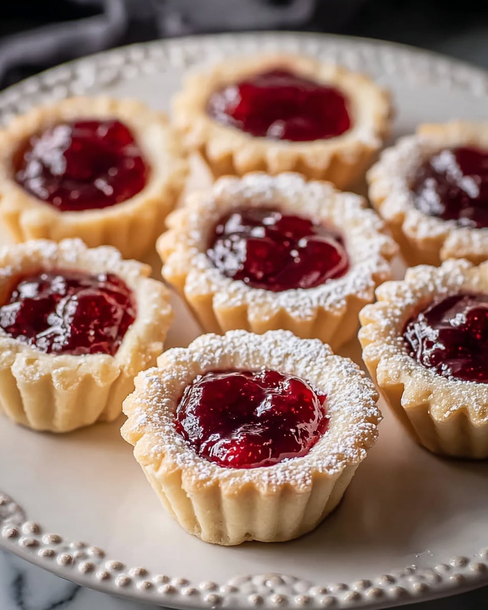 A close-up image of six small tartlets arranged on a round white plate with delicate dotted patterns on the edge; each tartlet has two layers— a crisp, light beige pastry shell with fluted sides forming the base and edges, filled with a shiny, deep red raspberry jam center that is slightly raised and glistening; the jam layer is topped with a light dusting of white powdered sugar that adds a soft texture contrasting with the smooth jam and crumbly pastry, all placed on a white marbled texture surface. photo taken with an iphone --ar 4:5 --v 7