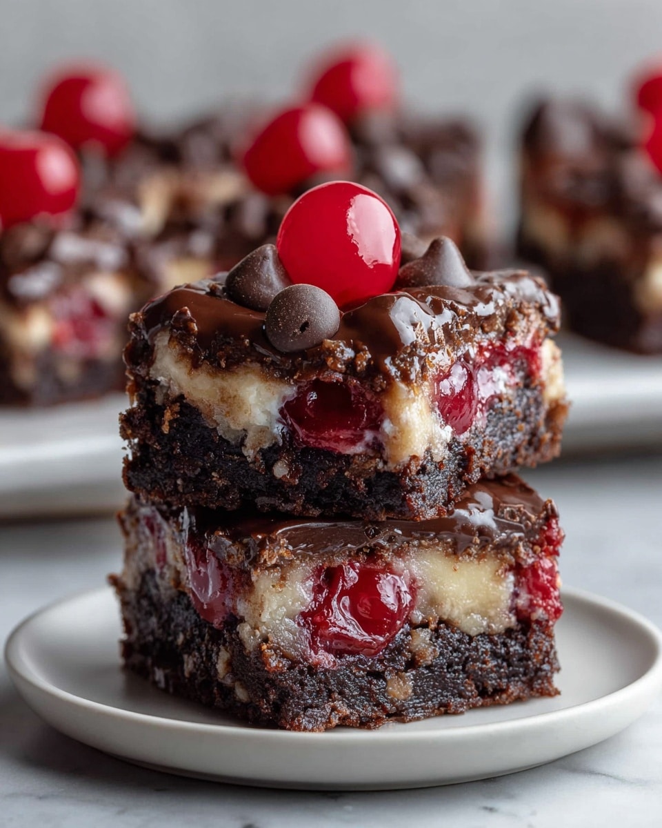 Two stacked dessert squares sit on a white plate placed on a white marbled surface, each square showing three clear layers. The bottom layer is dark and dense chocolate cake with a moist texture, dotted with bits that look slightly crumbly. The middle layer features bright red cherries embedded in a white, slightly grainy layer, giving a marbled look mixing red and cream colors. The top layer is glossy melted chocolate chips, dark brown and shiny, with a whole bright red cherry placed on top of each square, adding a glossy, smooth finish. In the blurred background, more similar squares rest on white plates. photo taken with an iphone --ar 4:5 --v 7