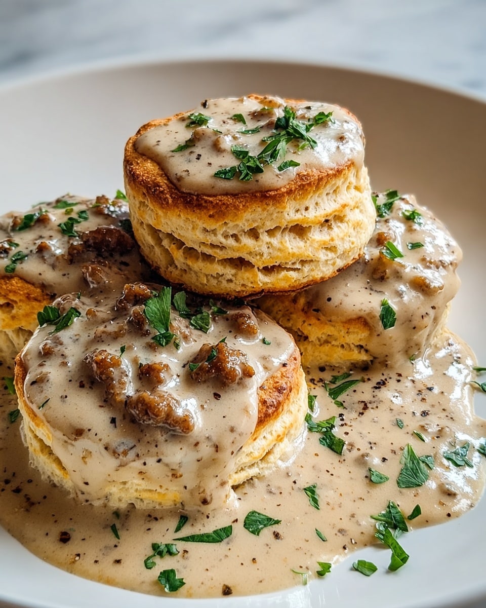 Three golden brown biscuits are stacked slightly overlapping on a white plate, each biscuit showing a flaky, layered texture on the sides. A creamy, light beige sausage gravy with chunks of browned sausage covers the biscuits and spreads across the plate, speckled with black pepper and finely chopped green herbs scattered on top and around the dish. The white plate sits on a white marbled surface. photo taken with an iphone --ar 4:5 --v 7