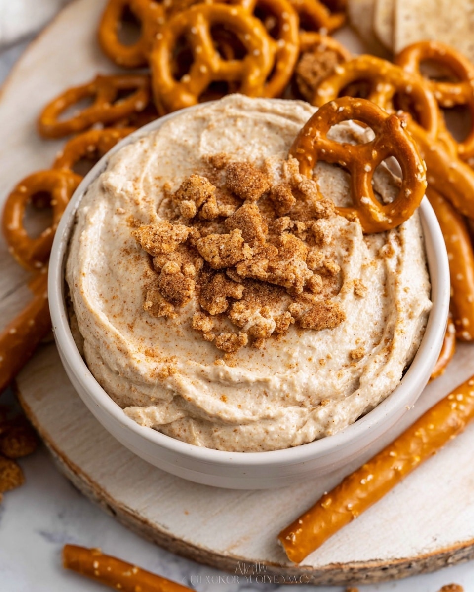 A round white bowl filled with a creamy, light beige dip that has a slightly grainy texture. The dip is topped with crumbled light brown cookie or graham cracker pieces scattered unevenly on the surface. A single pretzel piece is dipped halfway into the dip near the edge of the bowl. Around the bowl, there are multiple golden-brown pretzels and churros resting on a white marbled surface and a white wooden board underneath the bowl. The overall look is warm and inviting with a cozy snack vibe. photo taken with an iphone --ar 4:5 --v 7
