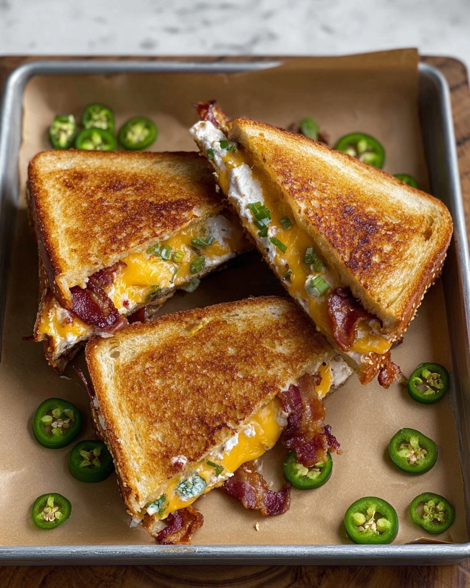 A metal tray lined with brown parchment holds four triangular grilled cheese sandwiches, each cut in half to show the inside layers. The sandwich bread is golden brown and toasted with a crispy texture. Inside, there are visible layers of melted yellow cheddar cheese, crispy bacon strips, and white creamy cheese with some green jalapeno pieces mixed in. Around the sandwiches, there are fresh green jalapeno slices scattered on the parchment. The tray is set on a wooden surface changed to a white marbled texture. photo taken with an iphone --ar 4:5 --v 7