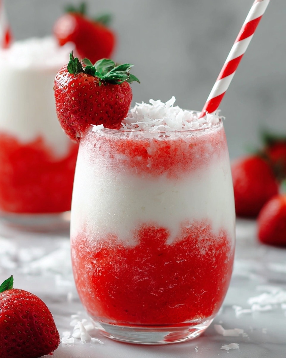 The image shows a clear glass filled with two layers of a drink; the bottom layer is thick and bright red with a slightly chunky texture, looking like crushed strawberries or a strawberry puree, while the top layer is creamy and smooth white, slightly blending into the red layer creating a marbled effect. On top of the drink, there are white shavings sprinkled, likely coconut or white chocolate, and a fresh, whole red strawberry with green leaves is placed on the rim. A red and white striped straw is inserted straight down from the top. In the background, there is another similar glass, also garnished with a strawberry, and whole strawberries are scattered on a white marbled surface. photo taken with an iphone --ar 4:5 --v 7