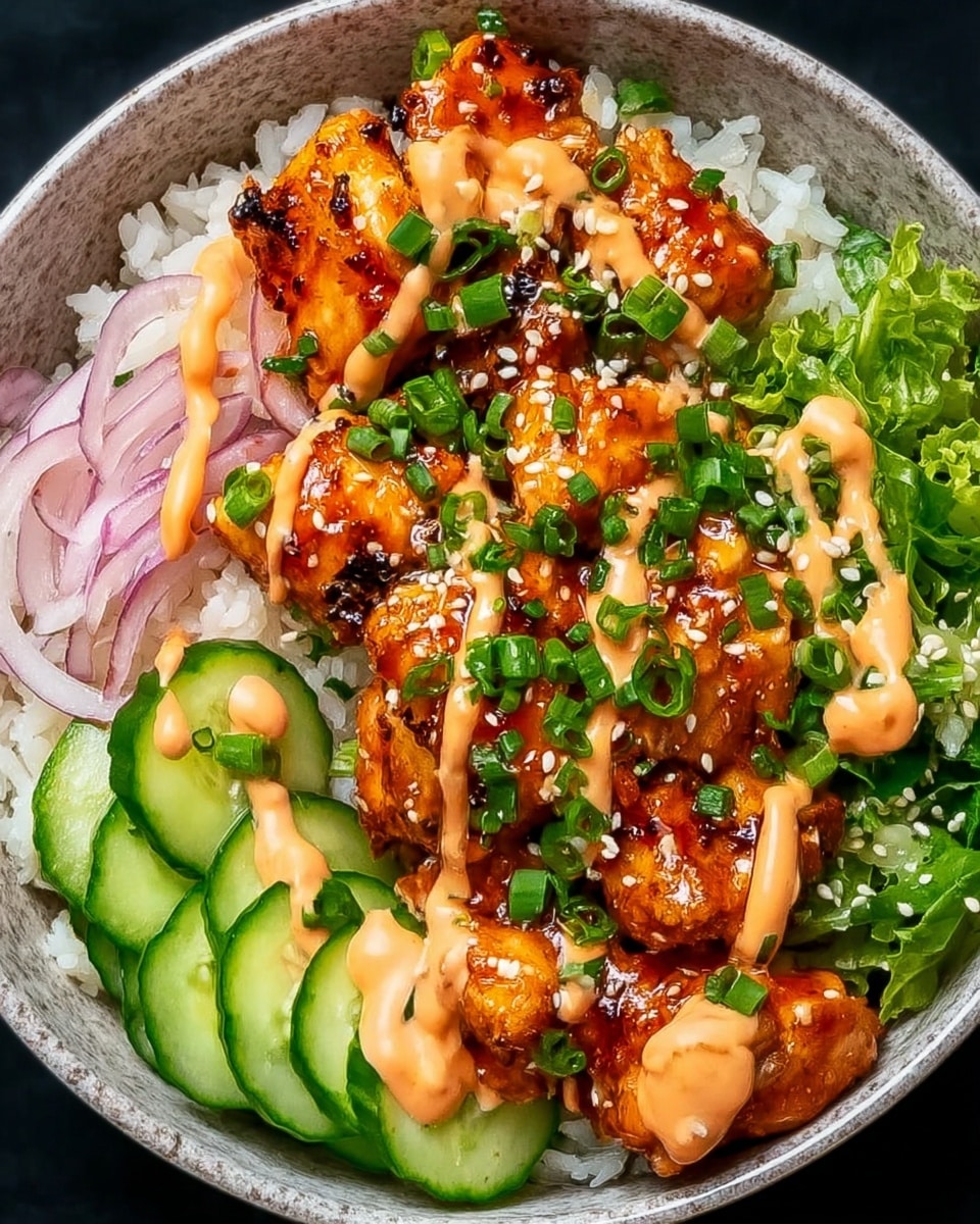 A bowl filled with a base layer of white rice at the bottom, topped with fresh chopped lettuce mixed with thin slices of red onion on the left side. On the right side, there is a neat row of bright green cucumber slices. The main focus on top is grilled chicken pieces covered in a shiny, slightly charred orange-brown glaze. The chicken is sprinkled with chopped green onions and white sesame seeds, while a light orange creamy sauce is drizzled artistically over the chicken and cucumbers. The bowl itself is simple with a textured inside, placed against a white marbled background. Photo taken with an iphone --ar 4:5 --v 7