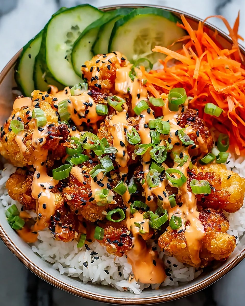 A white bowl filled with a layer of fluffy white rice at the bottom, topped with crispy golden-brown fried cauliflower pieces drizzled with a creamy orange sauce, sprinkled with black and white sesame seeds and chopped green onions. On one side of the bowl, there are thinly sliced fresh cucumber and shredded bright orange carrots. The bowl sits on a white marbled surface. photo taken with an iphone --ar 4:5 --v 7