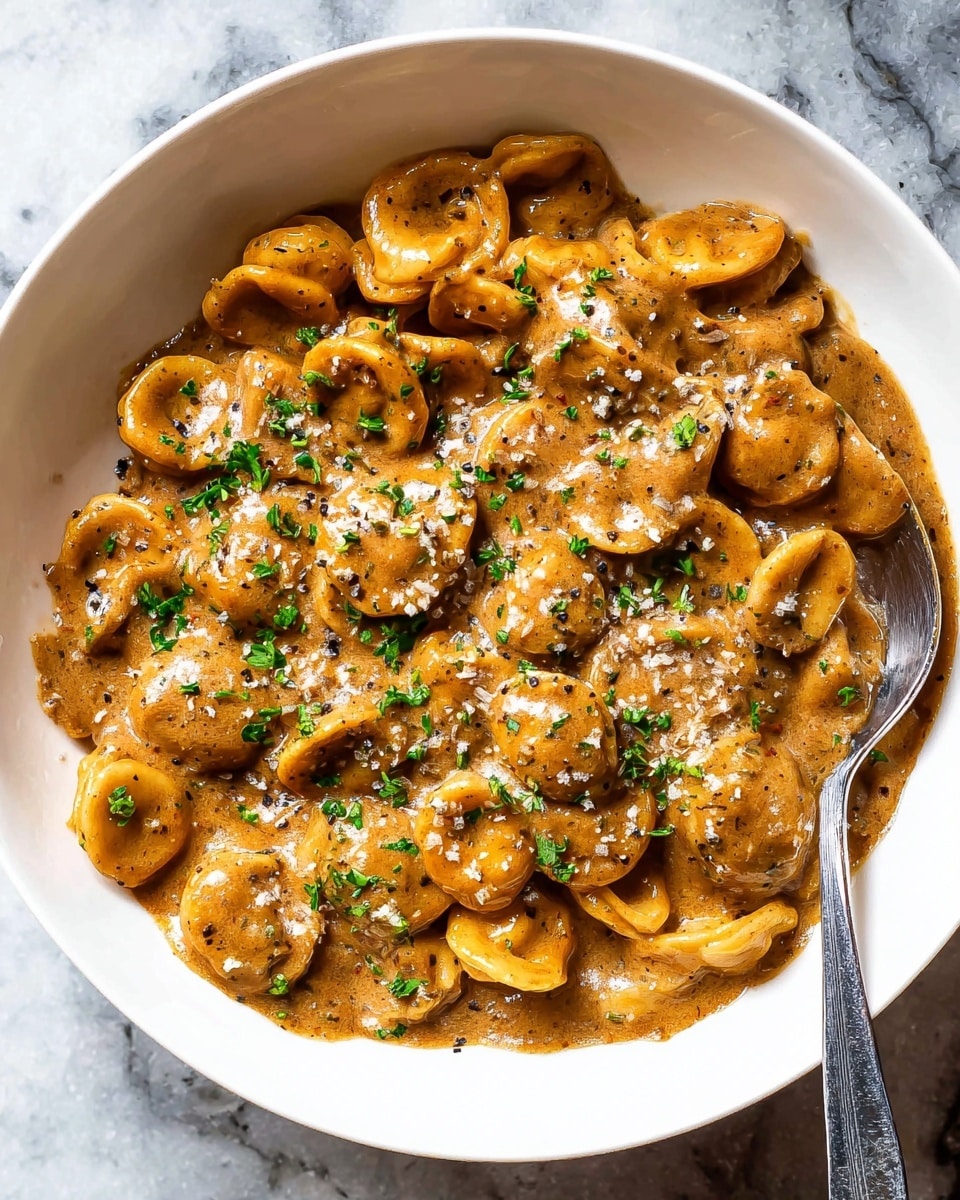A white bowl filled with small, round pasta covered in a creamy, rich brown sauce with a smooth, glossy texture. The pasta pieces are layered closely together, coated evenly in the thick sauce that has specks of black pepper and finely chopped green herbs sprinkled on top. A silver spoon is partially immersed into the pasta on the right side of the bowl. The bowl sits on a white marbled surface. photo taken with an iphone --ar 4:5 --v 7