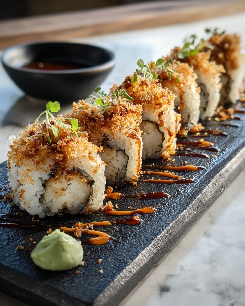 A row of eight sushi rolls is neatly arranged on a wooden board, each roll showing several layers including a white rice outer layer, a creamy white filling mixed with light orange bits, and green cucumber inside. On top of each roll is a sprinkle of light brown crunchy crumbs and small green herb pieces. Drizzled over the rolls are two sauces: a light beige creamy sauce and a dark brown glossy sauce, flowing down the sides and pooling slightly on the board. To the left, a small white bowl holds pink pickled ginger. A woman's hand is pouring a dark sauce from a small glass bowl over the sushi. The whole scene is set on a white marbled surface. photo taken with an iphone --ar 4:5 --v 7