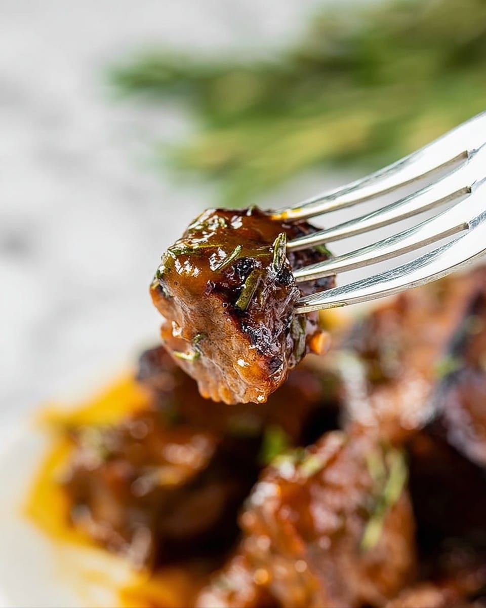 The image shows several thick slices of tender, dark brown roast beef with a herb crust on the edges, layered on a white plate. The beef is covered in a rich, glossy brown gravy sauce that pools around the slices, creating a smooth texture with a slight shine. Some slices show a bit of pink inside, indicating the meat’s softness. In the background, there is a blurred, green leafy element and silver utensils on a white marbled surface. The close-up focuses on the juiciness and herb seasoning of the beef. photo taken with an iphone --ar 4:5 --v 7