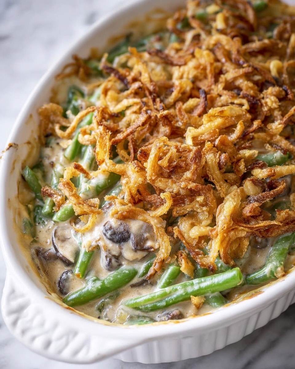 A close-up of a creamy green bean casserole in a white oval dish, showing a thick layer of green beans mixed in a smooth, beige cream sauce with visible mushroom pieces. The dish is topped with a generous layer of crunchy, golden-brown fried onion strips that add a crispy texture and contrast to the creamy base. The casserole edges show a slight browning from baking, while the green beans remain bright and fresh-looking beneath the topping. The background is a white marbled texture. photo taken with an iphone --ar 4:5 --v 7