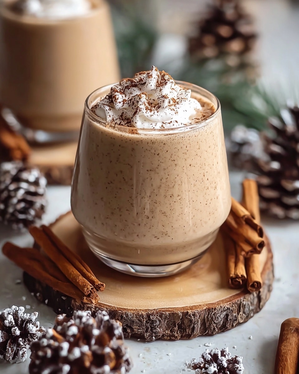 A clear glass filled with a creamy light brown drink that has a smooth, slightly frothy texture. On top, there is a small dollop of white whipped cream with a dusting of dark brown cocoa powder spread unevenly over it and around the drink’s surface. The glass rests on a rustic wooden slice surrounded by two small pine cones and a cinnamon stick on a white marbled surface. In the background, another similar glass is visible blurred, along with more cinnamon sticks. Photo taken with an iphone --ar 4:5 --v 7