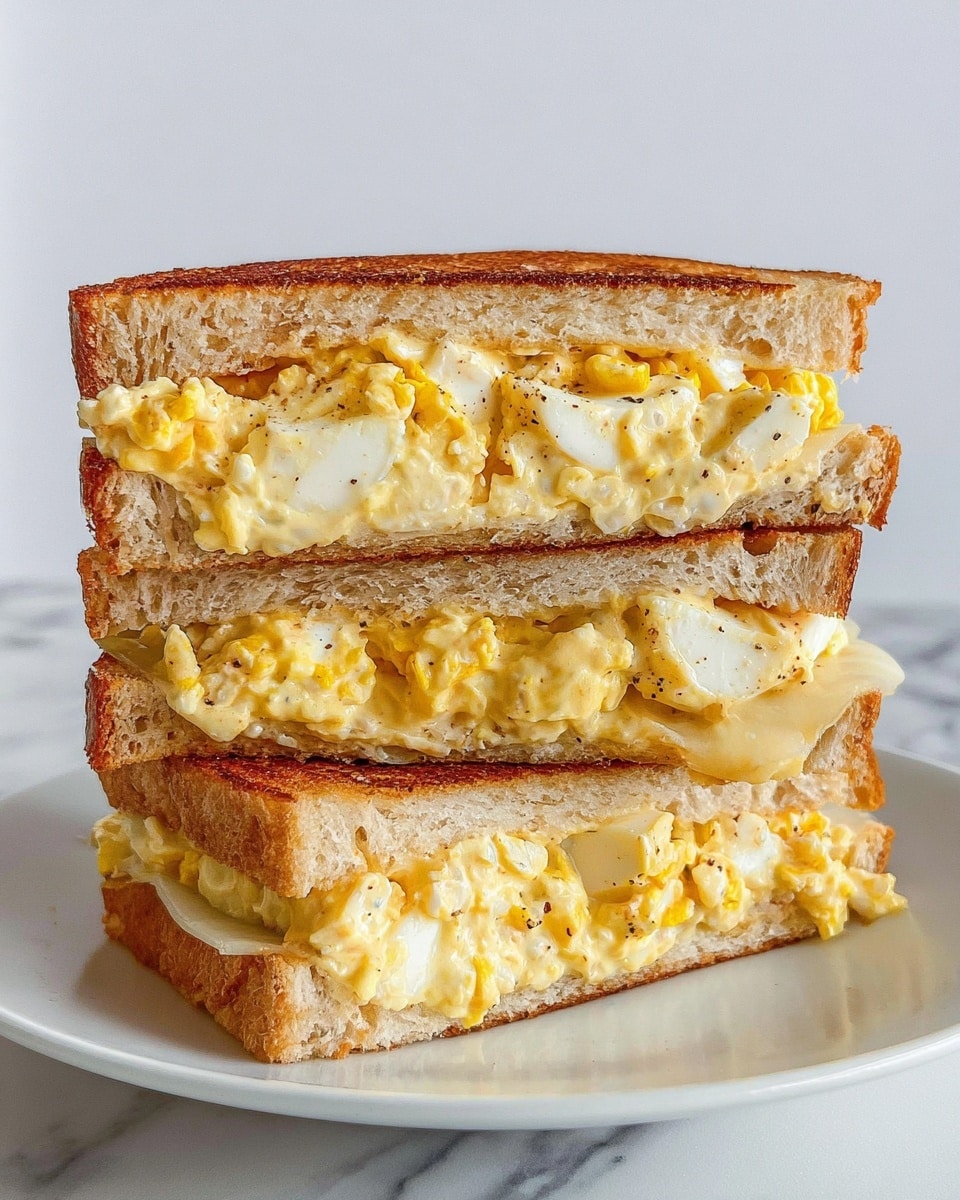 A close-up view of a sandwich cut in half and stacked on a white plate with a white marbled surface in the background. The sandwich has two layers of light brown toasted bread with a slightly rough texture and crisp edges. Inside each sandwich half, there is a creamy, chunky mixture of scrambled eggs mixed with melted cheese, which is a pale yellowish color with some spots of golden yolk and white egg pieces. The egg filling is thick and a bit gooey, slightly spilling out of the bread edges. The sandwich looks soft but toasted, with visible texture in both the bread and filling. Photo taken with an iphone --ar 4:5 --v 7