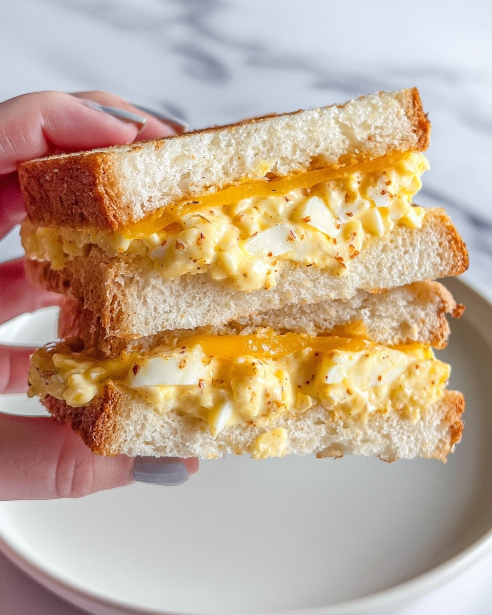 A sandwich held by a woman's hand shows three visible layers: the top and bottom layers are thick, toasted bread with a golden-brown crust and a soft, white, porous inside; the middle layer is made of a creamy, yellow-orange egg salad mixed with small chunks of egg white and yolk, with a glossy texture. The sandwich is positioned over a clean, white plate on a white marbled surface. Photo taken with an iphone --ar 4:5 --v 7
