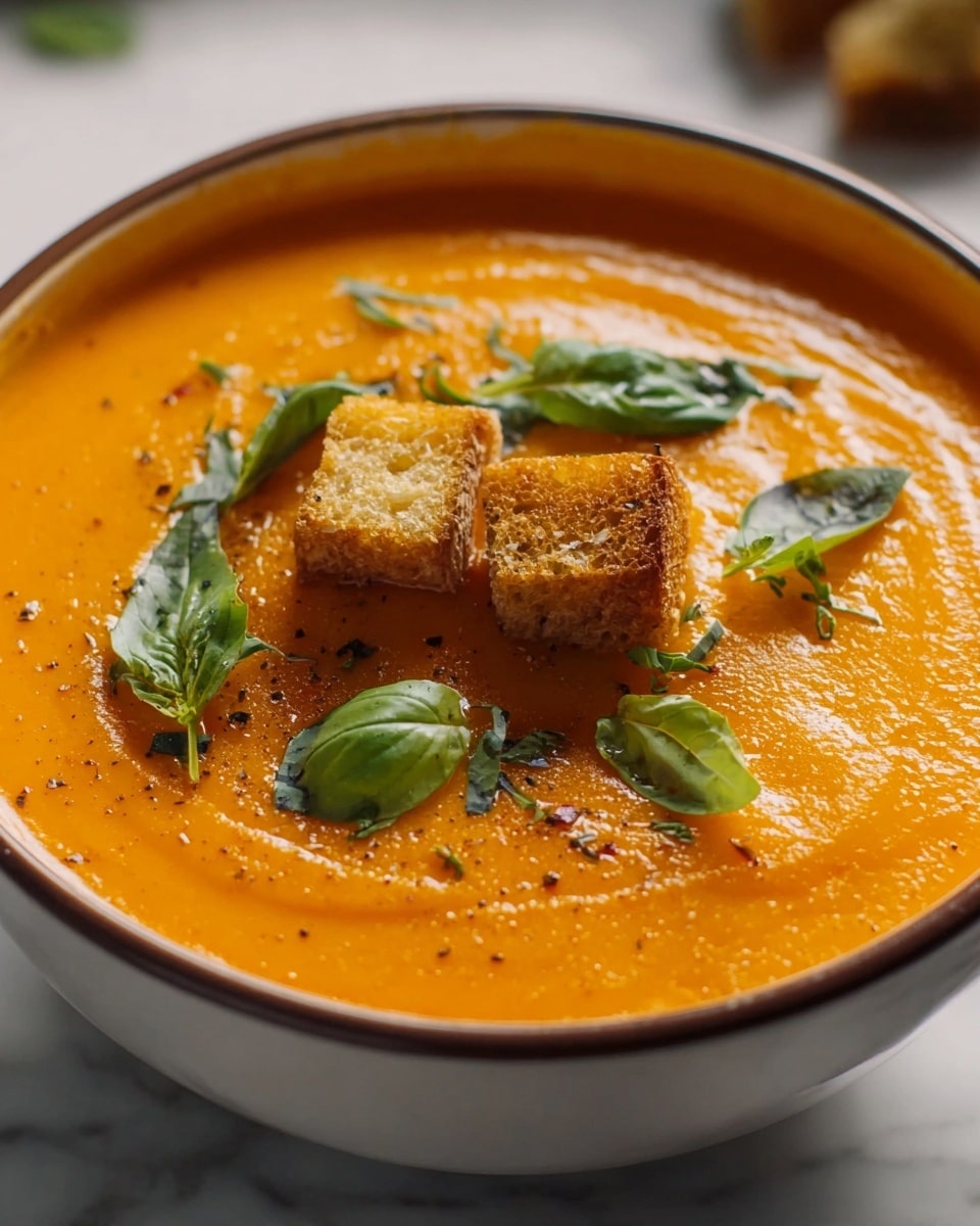 A close-up of a smooth orange soup in a round white bowl, topped with two toasted golden-brown croutons placed near the center, fresh bright green basil leaves, and sprinkled with small black pepper flecks and a light drizzle of oil that shines on the surface. The bowl sits on a white marbled texture background, creating a clean and simple look. photo taken with an iphone --ar 4:5 --v 7