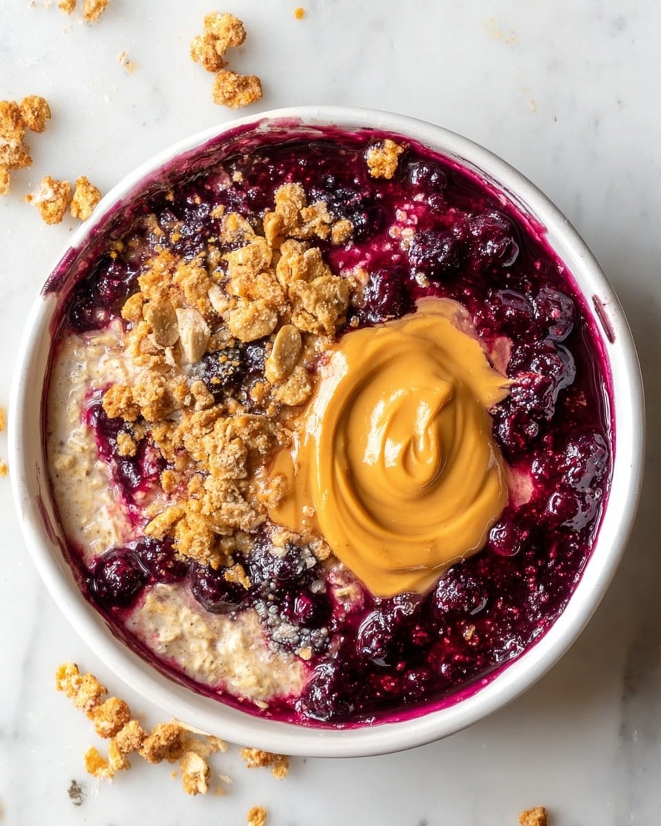 A top view of a white bowl filled with three main layers: a beige, creamy oatmeal base spread unevenly in two thick sections; a dark purple berry compote covering much of the bowl, with a glossy texture and visible whole berries; and a smooth, swirled dollop of peanut butter in a warm orange-brown shade placed near the center. Scattered small clusters of light brown granola are sprinkled on top, adding a crunchy texture contrast. The bowl rests on a white marbled surface, with some granola crumbs around it. photo taken with an iphone --ar 4:5 --v 7