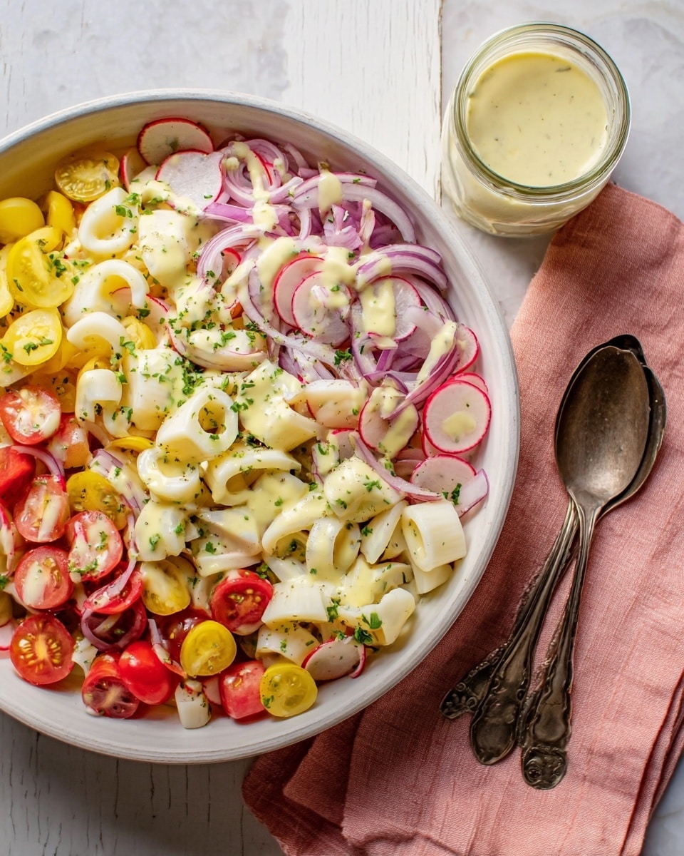 A large beige bowl filled with a colorful salad made of sliced white hearts of palm, thin radish slices with pink edges, yellow and red cherry tomato halves, light green celery slices, and thin purple onion strips, all mixed with small green herb leaves. The salad is topped with creamy light yellow dressing drizzled unevenly over the layers. The bowl sits on a white marbled surface next to a small glass jar with more dressing and a vintage silver fork and spoon placed on a soft pink cloth napkin. Photo taken with an iphone --ar 4:5 --v 7