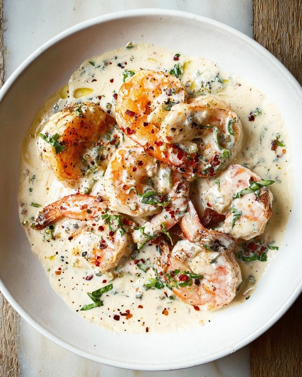 A white round plate on a white marbled surface holds several large shrimp cooked to a pink and orange color with slight charring, covered in a thick creamy white sauce with green herb bits and small red chili flakes scattered on top, creating a textured and rich look. The sauce pools around the shrimp, mixing with black pepper specks and green herb pieces. The shrimp are arranged randomly but close to each other, allowing the creamy sauce to spread evenly across the plate. photo taken with an iphone --ar 4:5 --v 7