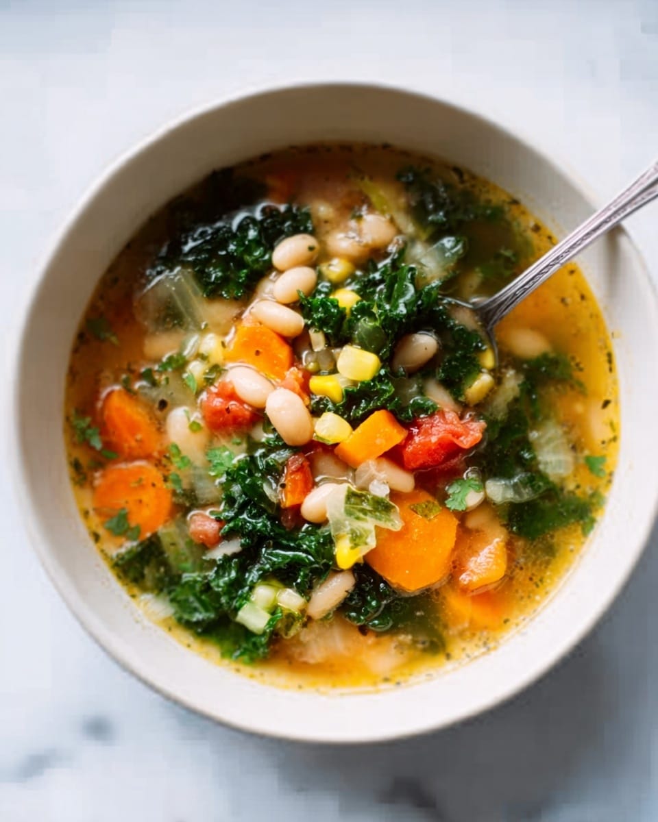 The image shows a white bowl filled with colorful vegetable soup set on a white marbled surface. The soup has several visible layers and textures: a mix of small white beans and pale yellow corn kernels, soft bright orange carrot chunks, dark green leafy kale pieces, and light green celery slices. A silver spoon rests inside the bowl, slightly submerged in the broth, which is a clear golden color with a hint of herbs. The vegetables appear tender and well cooked, floating evenly throughout the broth. The photo taken with an iphone --ar 4:5 --v 7