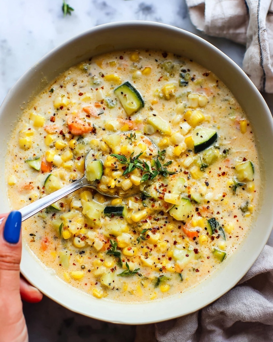 Two white bowls filled with creamy corn chowder rest on a light gray cloth with white stripes over a white marbled surface. The chowder has a pale yellow creamy base dotted with soft kernels of corn, small cubes of green zucchini, and tiny pieces of orange carrot, all mixed together in a thick, rich texture. Each bowl is topped with a small pile of corn kernels sprinkled with green herbs and a light dusting of reddish seasoning, with a silver spoon placed inside each bowl. Photo taken with an iphone --ar 4:5 --v 7