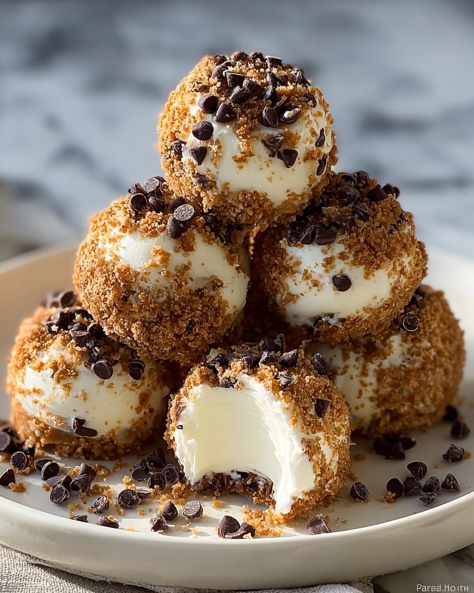 The image shows a close-up view of round dessert balls on a white plate, with one ball bitten into the front revealing three layers: a smooth white creamy center, a thin dark chocolate layer surrounding it, and an outer coating covered in golden brown crumbs mixed with white shredded coconut. Each ball is topped with small, dark chocolate chips scattered on the crumb and coconut coating, and some extra chips and coconut flakes are spread around the plate on the white marbled surface. The texture looks crunchy on the outside and smooth inside. photo taken with an iphone --ar 4:5 --v 7