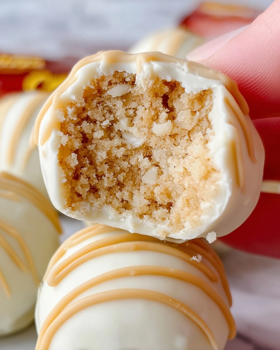 The image shows a close-up of a white chocolate-covered ball that is bitten to show its inside texture, which is crumbly and light tan in color with small white specks. The outer layer is a smooth white chocolate shell, with drizzles of light brown or tan chocolate on top. The bitten piece is held by a woman's hand, and white chocolate balls can be seen underneath on a white marbled surface. The colors include creamy white on the outside and a sandy beige on the inside, with textures ranging from smooth and creamy on the outside to rough and crumbly inside. Photo taken with an iphone --ar 4:5 --v 7