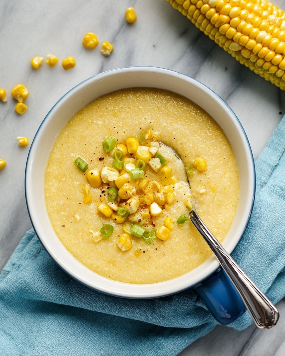 A bowl of creamy yellow corn porridge with a smooth, slightly grainy texture fills the white bowl. On top, there are scattered fresh yellow corn kernels and small pieces of green onion, adding a mix of bright yellow and green colors. A silver spoon is resting in the porridge, with some corn and porridge on it. Around the bowl, there are a few corn cobs with yellow kernels on a white marbled surface, and a light blue cloth is partially under the bowl. The bowl has a blue handle. Photo taken with an iphone --ar 4:5 --v 7
