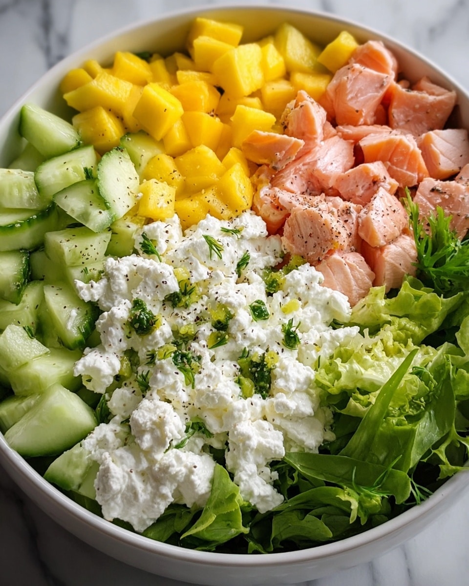 A white bowl holds a colorful layered salad. The bottom layer is a bed of leafy green lettuce spread evenly on the right side. Next to it are slices of light green cucumber spread on the bottom left. Above those, there are soft-looking pale yellow mango cubes placed in clusters. On the top right, there are light pink chunks of cooked salmon arranged in small piles. Scattered over the salmon and cucumber is a layer of white cottage cheese with a creamy, lumpy texture, topped with small green herb pieces and a sprinkle of black pepper for contrast. The whole bowl sits on a white marbled surface. photo taken with an iphone --ar 4:5 --v 7