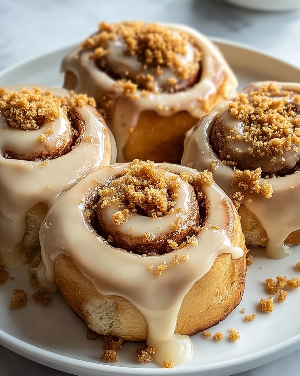 A close-up view of four cinnamon rolls arranged on a white plate, each roll has a light brown dough base with spiral layers showing darker cinnamon filling, generously topped with a thick layer of creamy beige icing that drips down the sides, sprinkled on top are small crumbles of brown sugar adding texture, the white plate sits on a white marbled surface, the soft lighting highlights the glossy cream and crumbly sugar topping creating a warm and inviting look photo taken with an iphone --ar 4:5 --v 7