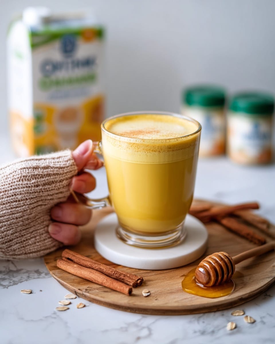A clear glass cup filled with a golden yellow frothy drink, with a thick creamy foam layer on top, is held by a woman's hand wearing a soft beige knitted sweater, placed on a white round coaster sitting on a circular wooden board. Around the board on a white marbled surface, there are three cinnamon sticks, and to the right, a small honey dipper with honey pooling beneath it. In the blurred background, a carton of oat milk and two small green-lidded containers are visible. Photo taken with an iphone --ar 4:5 --v 7
