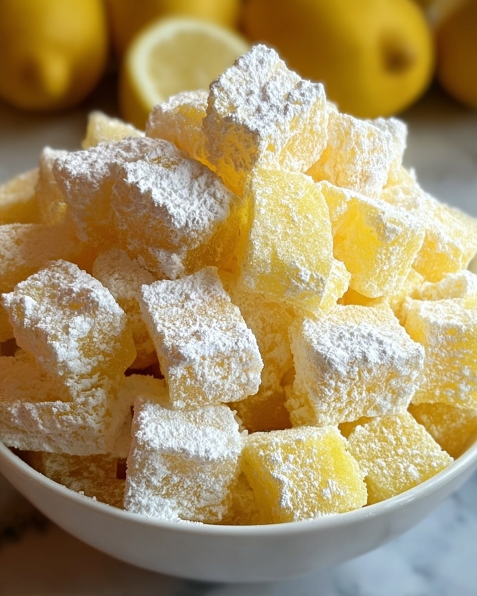 A close-up view of a white bowl full of small yellow cubes that look soft and jelly-like, each generously dusted with a thick layer of white powdered sugar, giving a textured and slightly fluffy look on top. The yellow cubes are piled high, creating a sense of abundance and lightness, with some edges showing a bit of translucency and a soft, smooth surface beneath the sugar. The bowl sits on a white marbled texture, and the background shows blurred yellow shapes that hint at fresh lemons, adding a warm and fresh feeling to the image. photo taken with an iphone --ar 4:5 --v 7