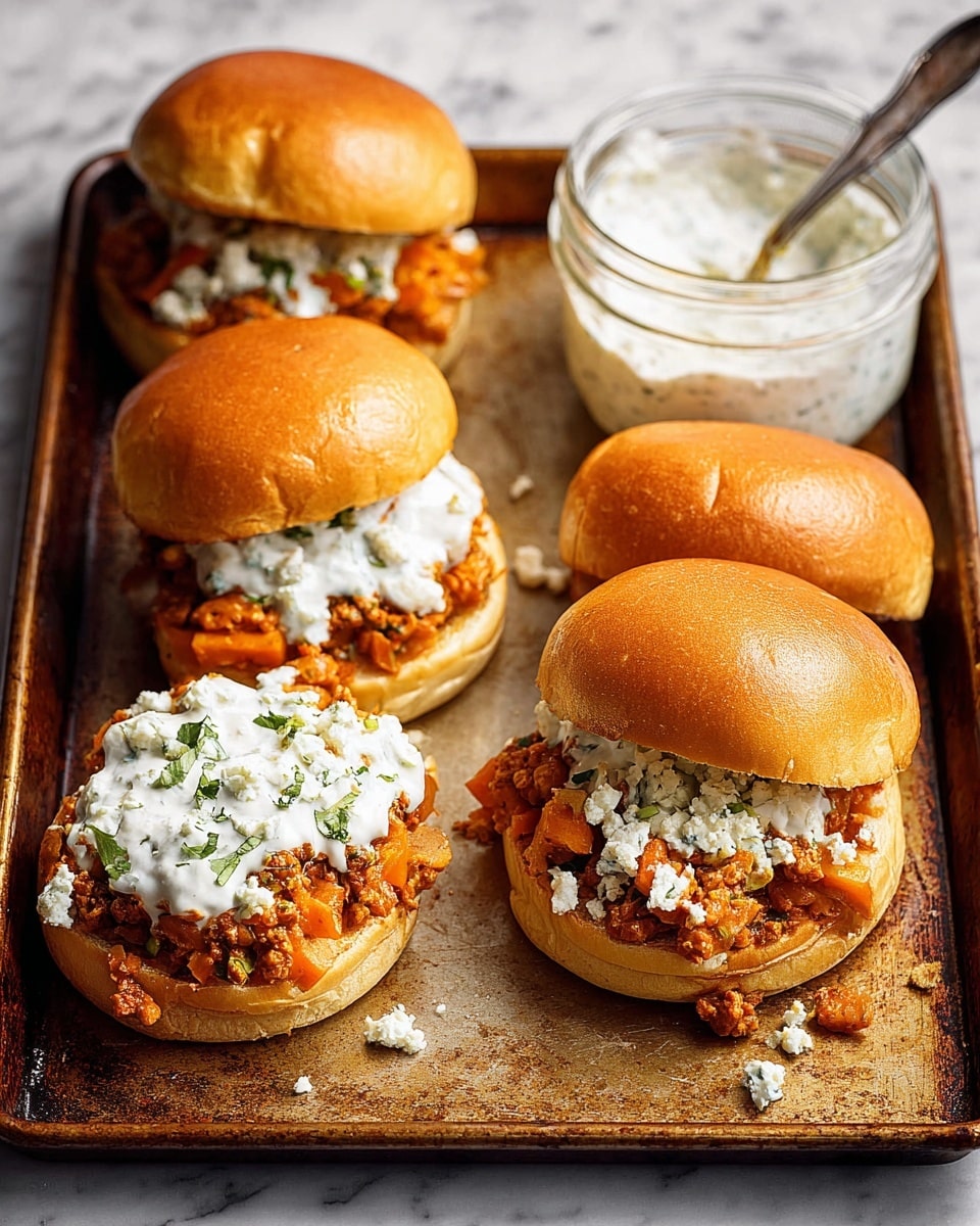 A close-up of an open sandwich shows three layers: the bottom layer is a soft, light brown round bun, topped with a cooked ground meat mixture mixed with small cubed orange vegetables, creating a chunky texture. The middle layer is a thick white sauce with visible green herb specks, spread unevenly over the meat mixture. On top of the sauce are scattered small crumbles of white and blue cheese. The top bun, light golden brown with a soft, slightly wrinkled texture, rests partly on the side of the sandwich. In the background, there is a glass jar filled with the same white sauce, all placed on a white marbled surface. Photo taken with an iphone --ar 4:5 --v 7