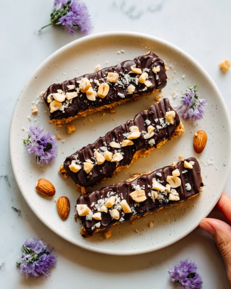 Several long, narrow snacks lie on white marbled paper over a baking tray. Each snack has three visible layers: a pale base layer, a thick smooth golden peanut butter layer in the middle, and a dark brown chocolate drizzle on top. Crushed peanuts are scattered generously on each snack and on the marbled surface around them. The chocolate drizzle drips in thin, irregular stripes across the peanut butter, creating a contrast of textures and colors. The snacks look glossy and rich, with scattered small bits of peanut visible. photo taken with an iphone --ar 4:5 --v 7