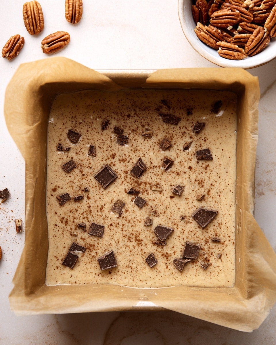 A square baking pan lined with light brown parchment paper holds a thick, smooth beige batter spread evenly across the base. Scattered on top are small dark brown chocolate chunks and broken pecan pieces, lightly dusted with a fine layer of cinnamon powder. To the upper right, a white bowl filled with whole pecans sits on a white marbled surface. The overall scene has a soft, warm tone, emphasizing the textures of the batter and toppings. photo taken with an iphone --ar 4:5 --v 7