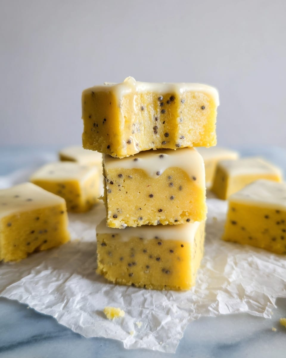 The image shows several small square pieces of a two-layer dessert arranged on parchment paper over a white marbled surface. Each piece has a bottom layer that is yellowish with a slightly crumbly texture speckled with tiny black dots, and a smooth, creamy white top layer that looks like a soft glaze or frosting. The squares are cleanly cut, showing clear separation between the two layers, and some pieces are slightly tilted, revealing the side and texture of the bottom layer. photo taken with an iphone --ar 4:5 --v 7