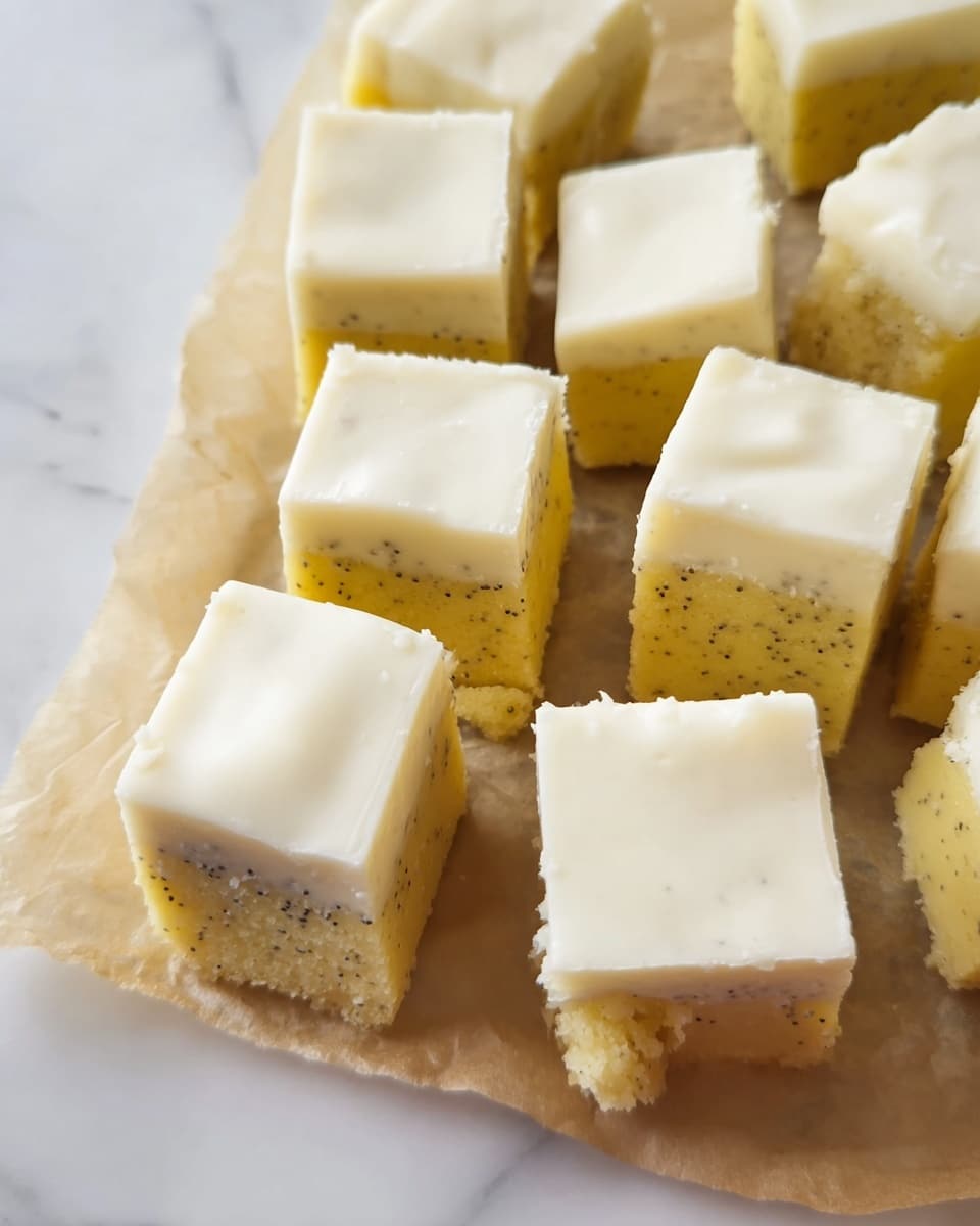 The image shows a stack of three yellowish lemon poppy seed fudge squares, with visible black poppy seeds scattered throughout and a smooth, slightly dripping white icing on top. The top square has a bite taken out of it, revealing a dense, crumbly texture inside. Around the stack, there are more similar squares laid out on crumpled white parchment paper, all on a surface with a white marbled texture. The background is plain and light, keeping the focus on the fudge. Photo taken with an iphone --ar 4:5 --v 7