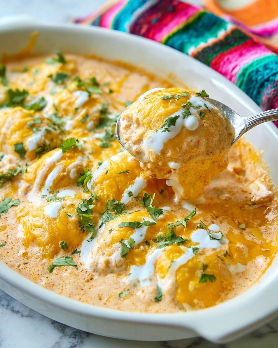 A white oval dish holds a creamy, orange-tinted sauce base layer mixed with small bits, topped with a thick layer of melted bright yellow cheddar cheese that covers rounded, soft textured scoops within the dish. White sour cream is lightly drizzled on top in thin lines, and fresh chopped green cilantro is sprinkled over everything, adding a fresh contrast. A metal spoon lifts one scoop, showing the creamy, cheesy texture in the sauce, with some garnishing on top. The dish is placed on a white marbled surface with a colorful cloth blurred in the background. Photo taken with an iphone --ar 4:5 --v 7