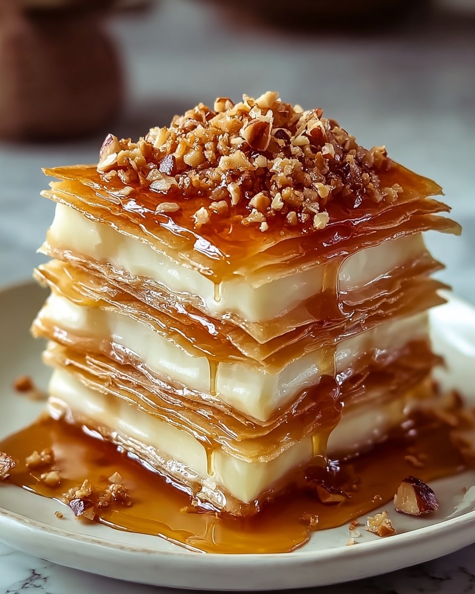 A tall stack of five square layers alternates between light golden brown thin, crispy sheets and smooth, creamy, off-white layers, all covered in shiny amber syrup that drips down the sides and pools on the edge of a white plate. The top layer of syrup is generously topped with small, crunchy, light brown nut pieces that add texture and contrast. The plate sits on a white marbled surface, with a soft blurred background that highlights the rich details and shiny textures of the dessert. photo taken with an iphone --ar 4:5 --v 7