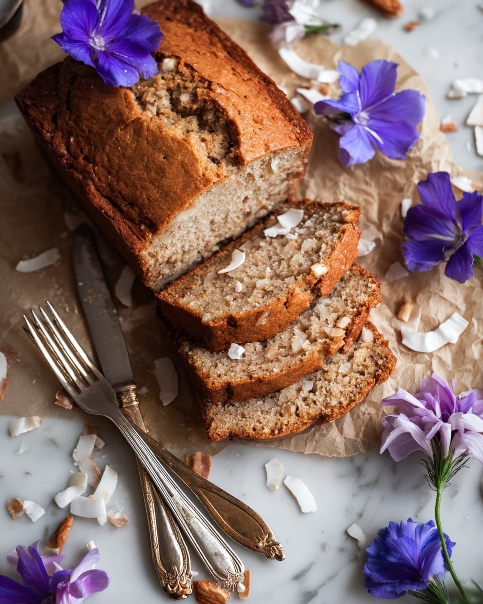 A loaf of light golden brown bread with a slightly cracked top is sliced into three thick pieces stacked on top of each other, showing a moist, crumbly texture inside with visible small chunks that look like nuts or fruit. The bread rests on brown parchment paper scattered with white flakes resembling coconut. Around the bread are fresh purple and blue flowers, adding a bright, colorful contrast. Two shiny silver forks with gold-accented handles lie nearby on a white marbled surface. photo taken with an iphone --ar 4:5 --v 7