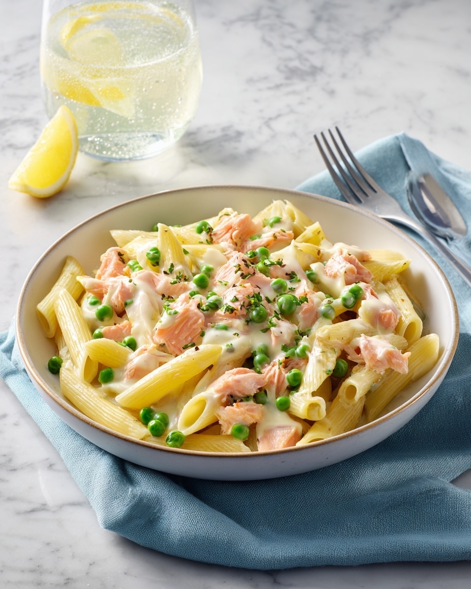 A bowl filled with creamy pasta featuring three visual layers: the base layer has pale yellow penne pasta with a smooth texture; the middle layer includes soft pink salmon pieces and small bright green peas scattered evenly; the top layer is a smooth, white creamy sauce lightly covering the pasta and toppings. The dish is served in a white bowl with a slightly uneven rim, placed next to a light blue cloth napkin on a white marbled surface. A clear glass of sparkling water is positioned behind the bowl. Photo taken with an iphone --ar 4:5 --v 7