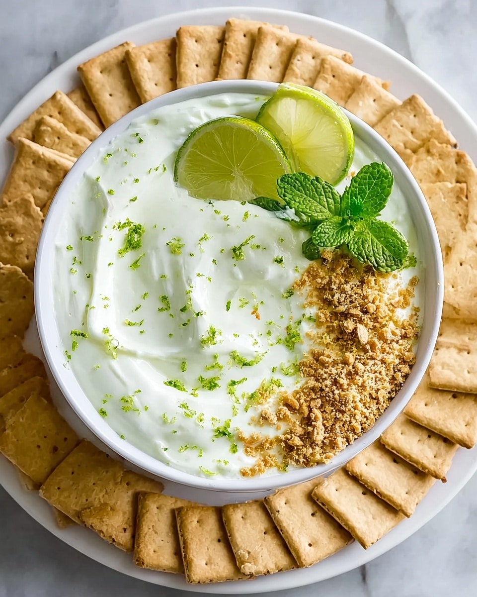 A white bowl filled with creamy, smooth lime-flavored dip, sprinkled with small green lime zest bits on top; one side of the dip is decorated with crushed light brown graham cracker pieces, a sprig of fresh green mint leaves, and two thin lime slices with a green rind resting on the edge. The bowl is placed on a white plate arranged with evenly spaced rectangular graham crackers forming a ring around the bowl, all set on a white marbled textured background. photo taken with an iphone --ar 4:5 --v 7