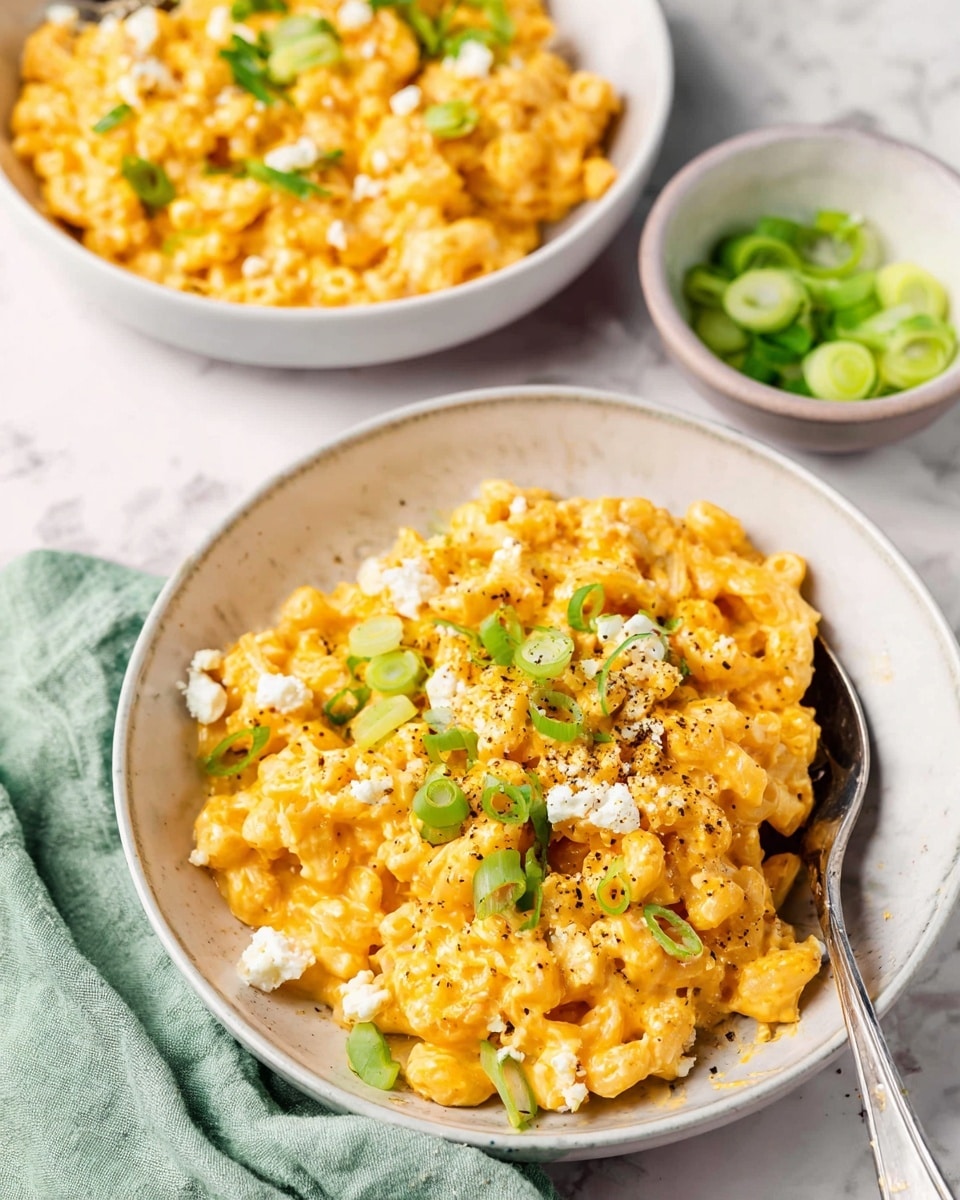 The image shows a white bowl filled with creamy, orange-colored macaroni and cheese, with visible small pasta pieces covered in melted cheddar cheese. On top, there are scattered chopped green onions and small crumbles of white cheese, adding green and white color contrast. Black pepper is lightly sprinkled across the dish. A silver fork is partially placed inside the bowl at the front right side. In the background, another white bowl holds a similar macaroni and cheese dish, and a small white bowl filled with sliced green onions sits on a white marbled surface with a soft green cloth nearby. photo taken with an iphone --ar 4:5 --v 7