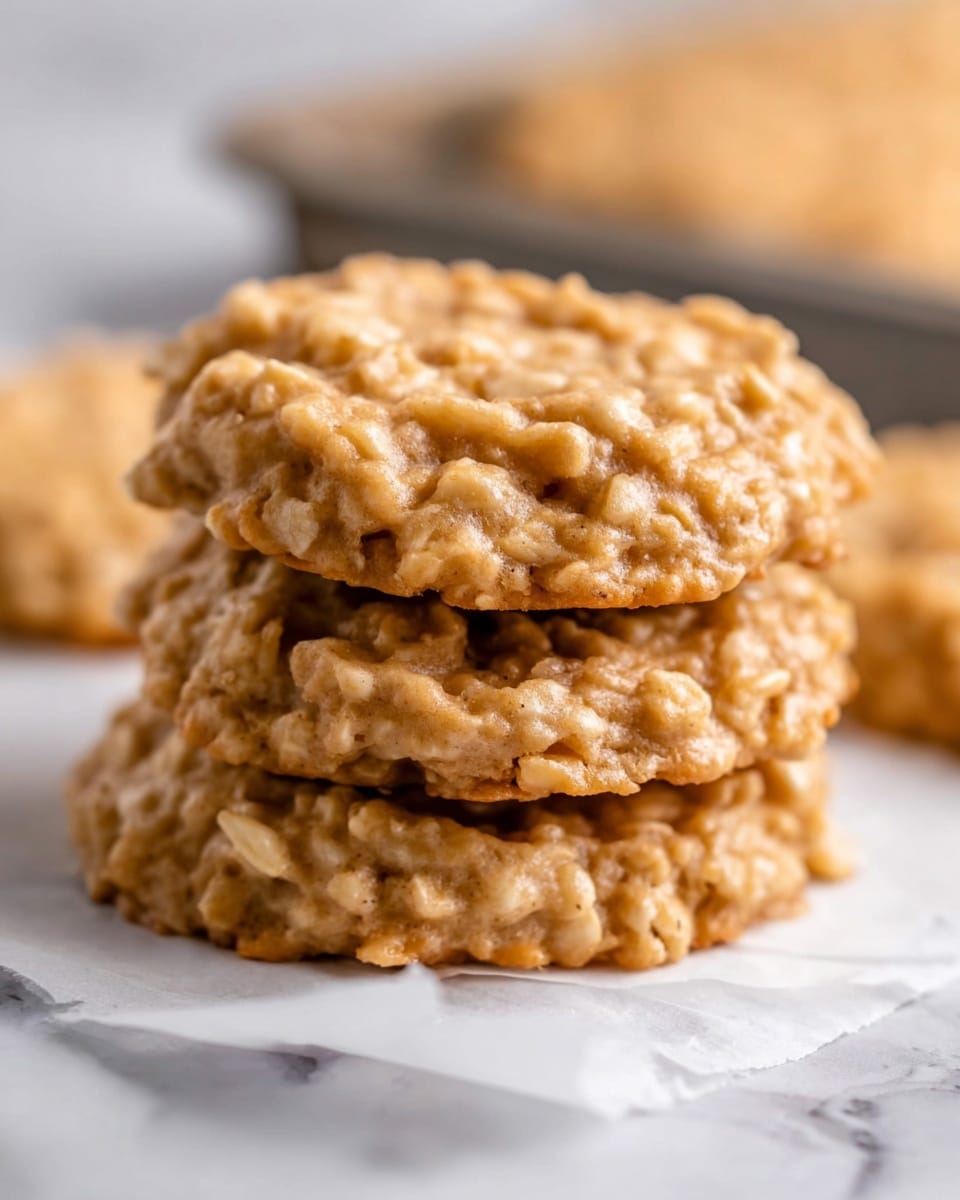 A stack of three oatmeal cookies is shown closely, each cookie having a rough, chunky texture with visible oats and a light brown color. The cookies are thick and soft, layered one on top of the other on white parchment paper that is placed on a tray with edges. The background shows other cookies out of focus, with a white marbled texture beneath. photo taken with an iphone --ar 4:5 --v 7