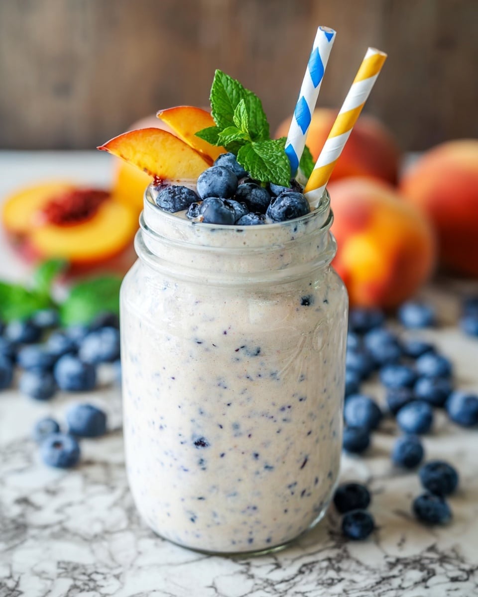 A glass jar filled with a creamy white smoothie dotted with small dark blueberry bits, topped with fresh blueberries, thin peach slices, and a small sprig of green mint leaves. Two striped paper straws, one blue and white and one yellow and white, stand upright in the jar. In the blurry background, there are more fresh peaches and scattered blueberries on a white marbled texture. The smoothie has a thick texture and fills the jar to the top. Photo taken with an iphone --ar 4:5 --v 7