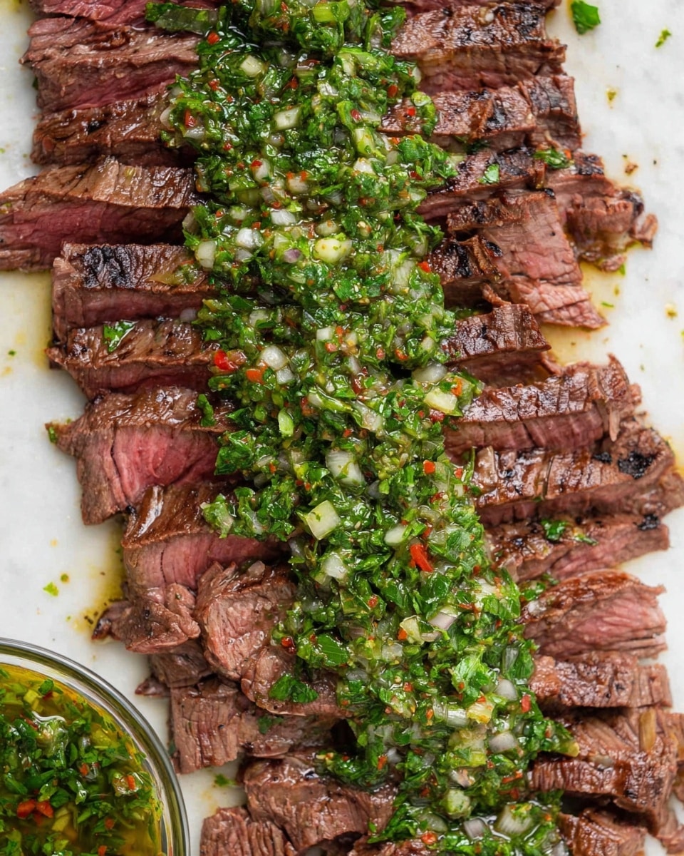 Thin slices of cooked steak are neatly arranged on a white plate, overlapping slightly. The steak shows a cooked brown outside with some pink inside, indicating medium doneness. Small specks of herbs and coarse ground black pepper are scattered over the surface, adding texture and color contrast. The meat's texture looks tender and juicy with visible grill marks and a slight shine. The plate sits on a white marbled surface, enhancing the dish’s rich colors. photo taken with an iphone --ar 4:5 --v 7