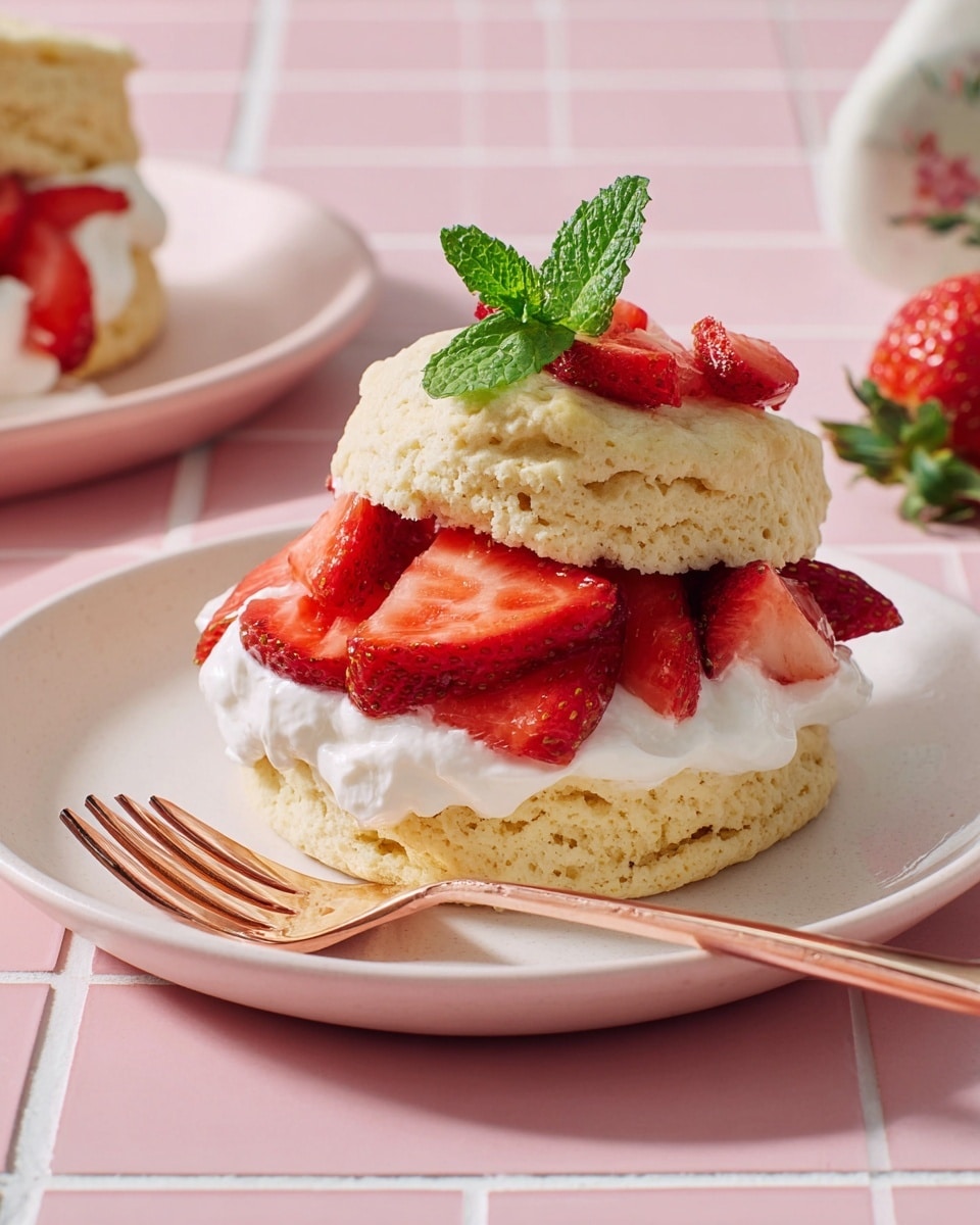 The image shows a strawberry shortcake dessert placed on a white plate which is set on a soft pink plate. The shortcake has two visible layers: the bottom layer is a round, lightly golden biscuit with a rough texture, topped with a thick, fluffy layer of white whipped cream, and fresh, bright red sliced strawberries scattered over the cream. The top biscuit layer is slightly cracked and placed partially on the strawberries. A shiny bronze fork lies diagonally on the plate next to the shortcake. Around the main plate are more plain biscuits and a clear bowl filled with whole strawberries. The background is a light pink tiled surface changed to a white marbled texture. photo taken with an iphone --ar 4:5 --v 7